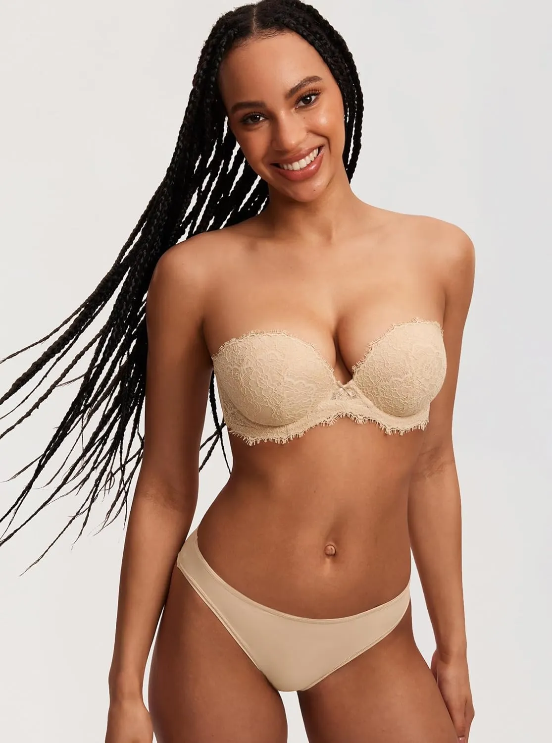 DOBREVA Women's Strapless Push Up Bra Lace Plus Size Plunge Padded Underwire Bras Add 1 Cup