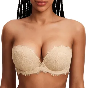 DOBREVA Women's Strapless Push Up Bra Lace Plus Size Plunge Padded Underwire Bras Add 1 Cup