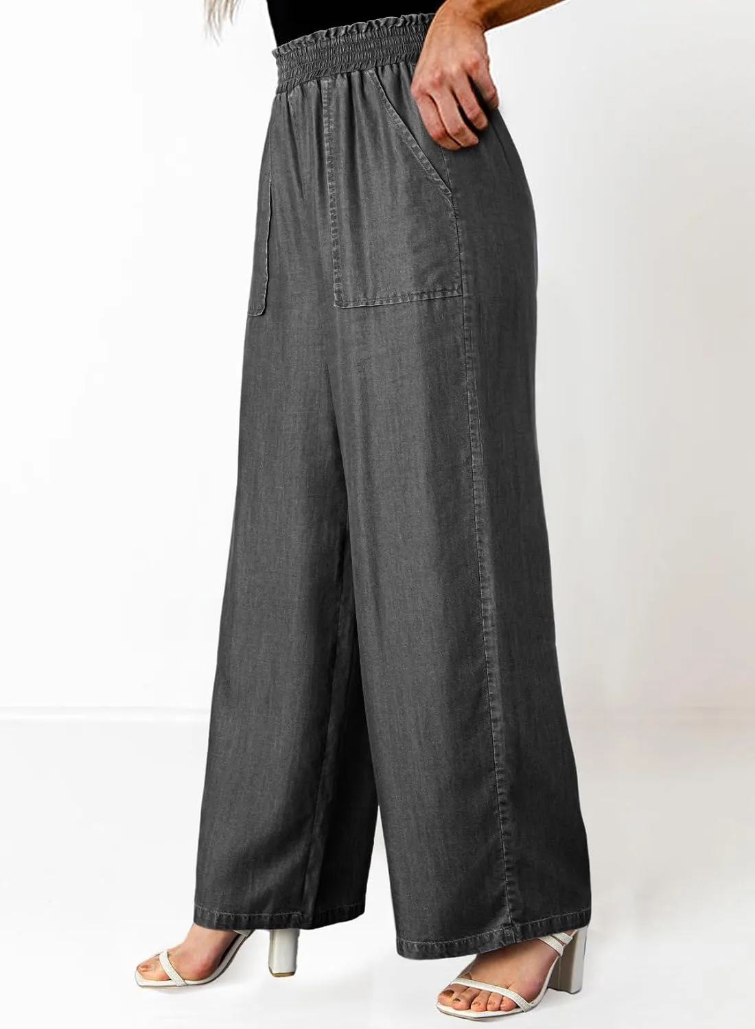 Dokotoo Womens Ruffled Smocked High Waist Slant Pocket Straight Tencel Denim Jeans Summer Lightweight Pants