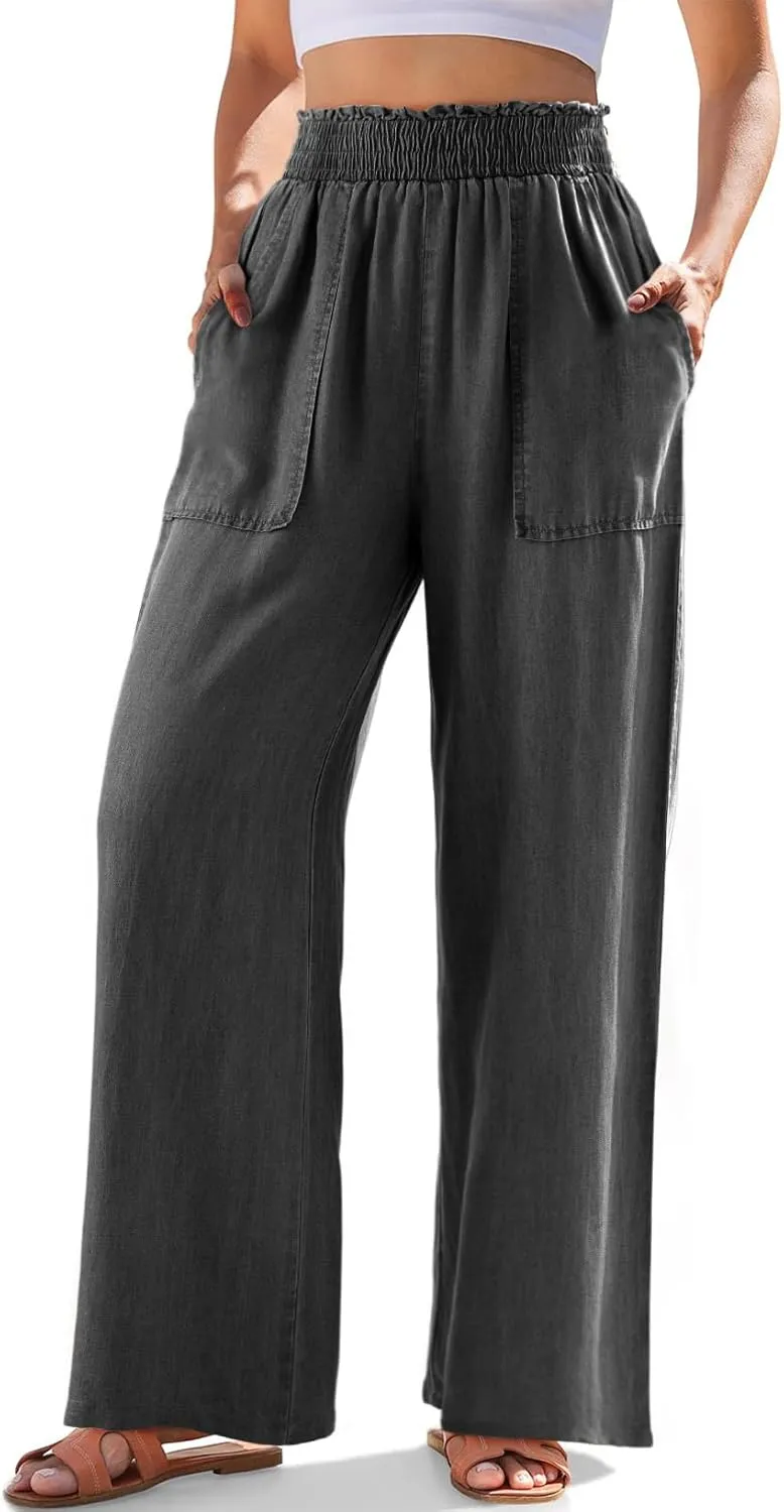 Dokotoo Womens Ruffled Smocked High Waist Slant Pocket Straight Tencel Denim Jeans Summer Lightweight Pants