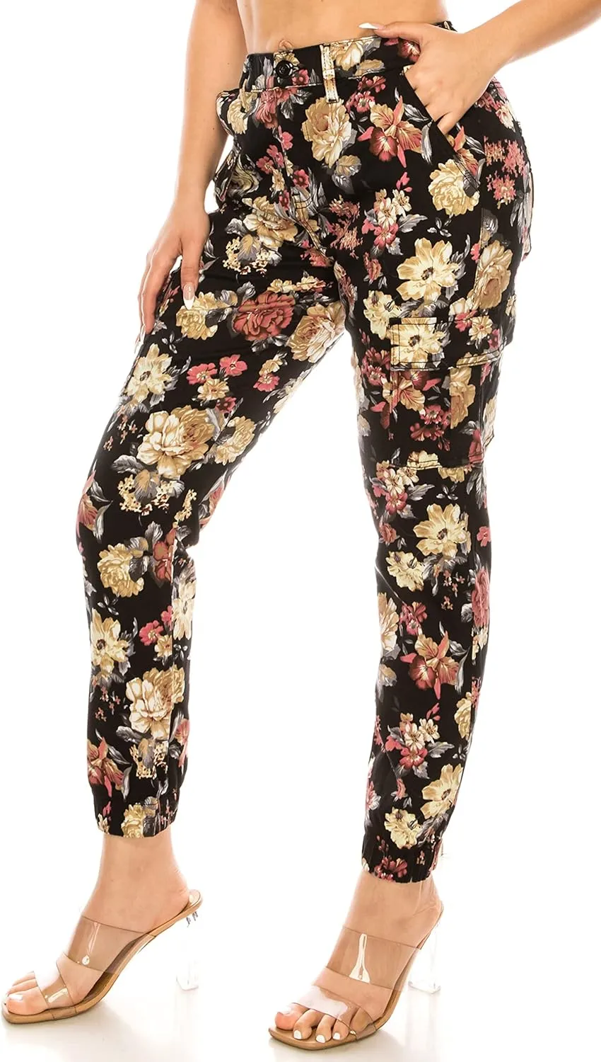 Double Denim January 5th Women's High Waist Cargo Jogger Casual Pants Floral Print Elastic Waistband Tapered with 6 Pockets