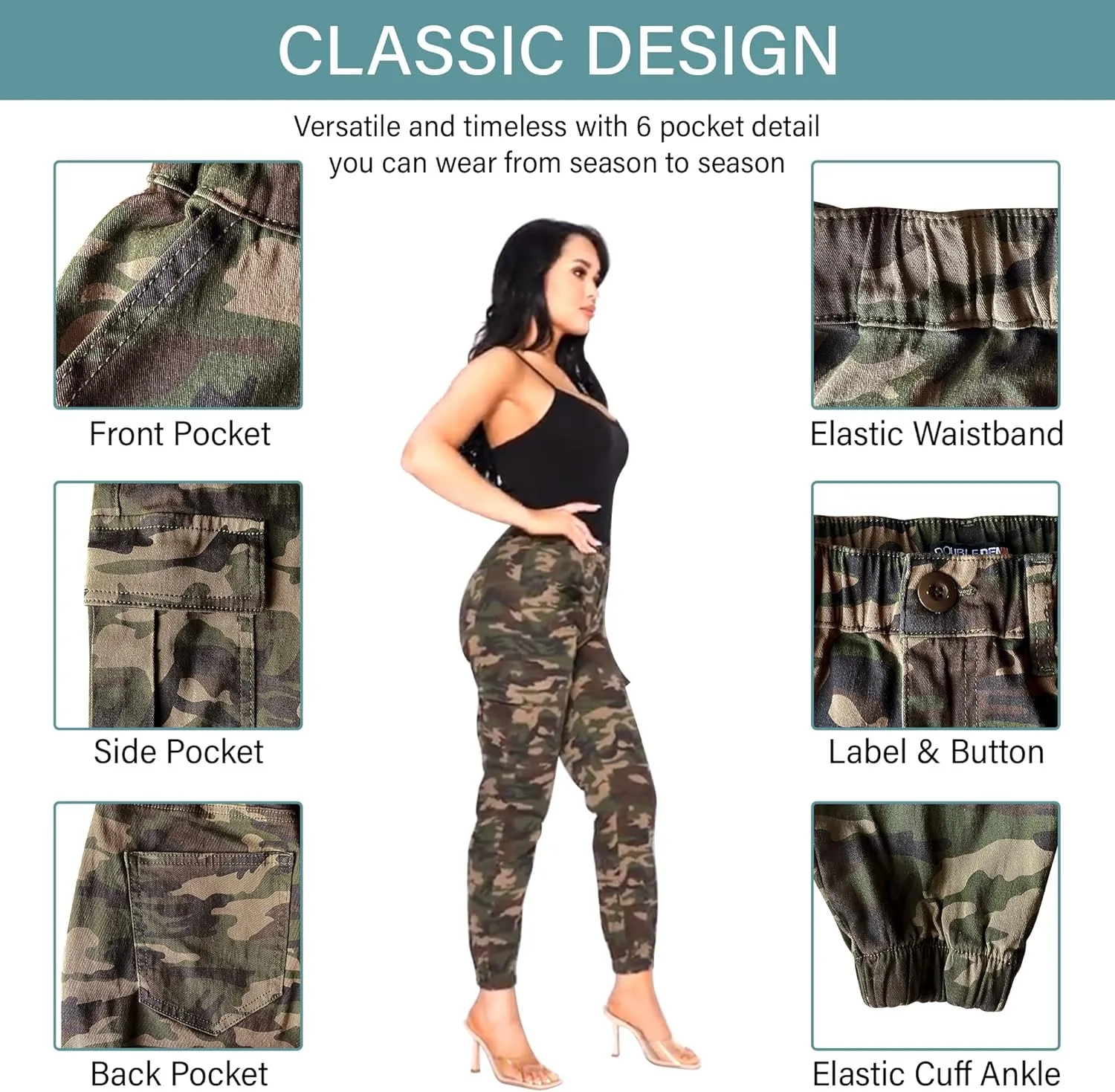 Double Denim January 5th Women's High Waist Cargo Jogger Casual Pants Floral Print Elastic Waistband Tapered with 6 Pockets