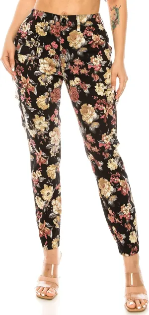 Double Denim January 5th Women's High Waist Cargo Jogger Casual Pants Floral Print Elastic Waistband Tapered with 6 Pockets