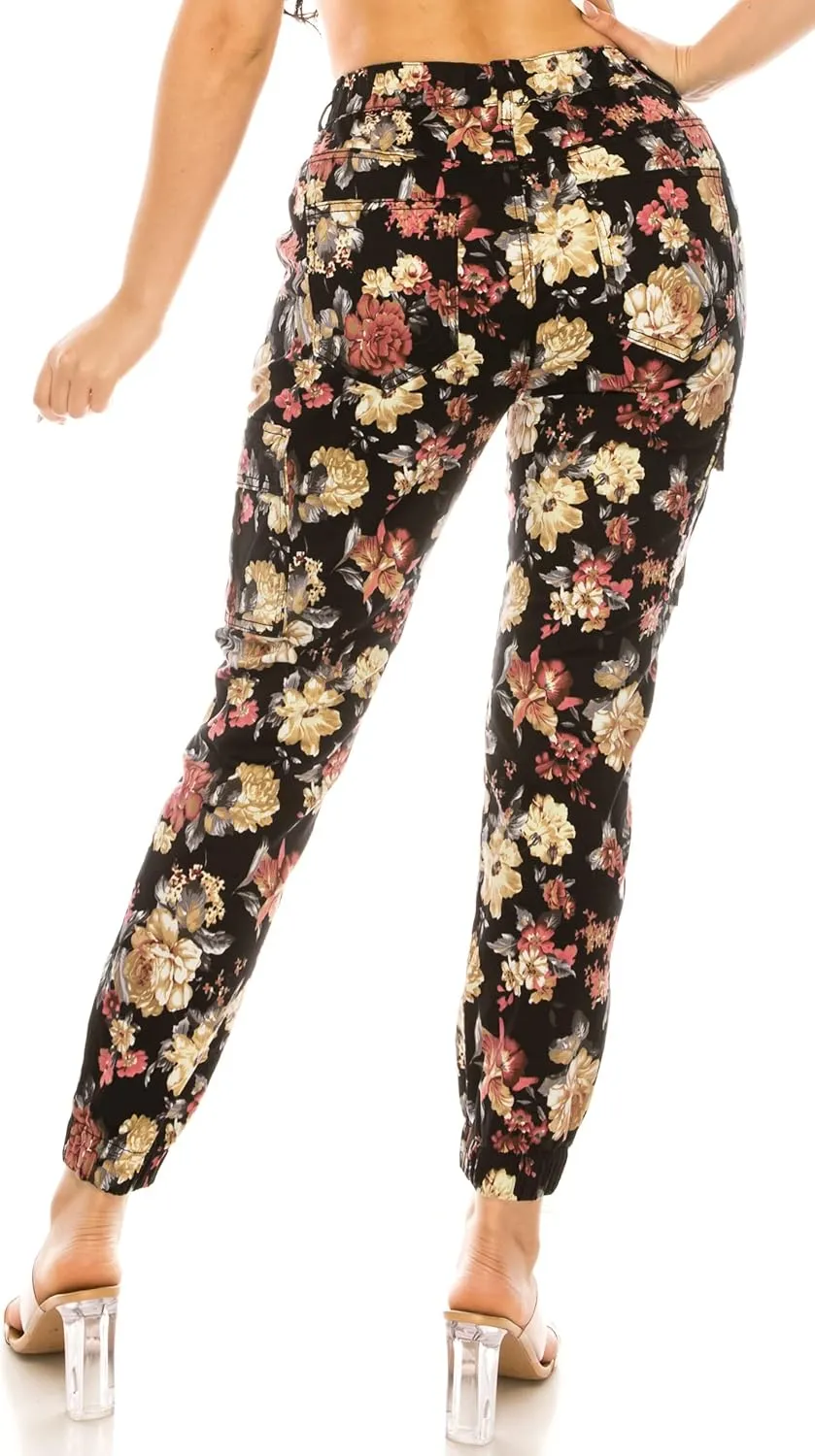 Double Denim January 5th Women's High Waist Cargo Jogger Casual Pants Floral Print Elastic Waistband Tapered with 6 Pockets