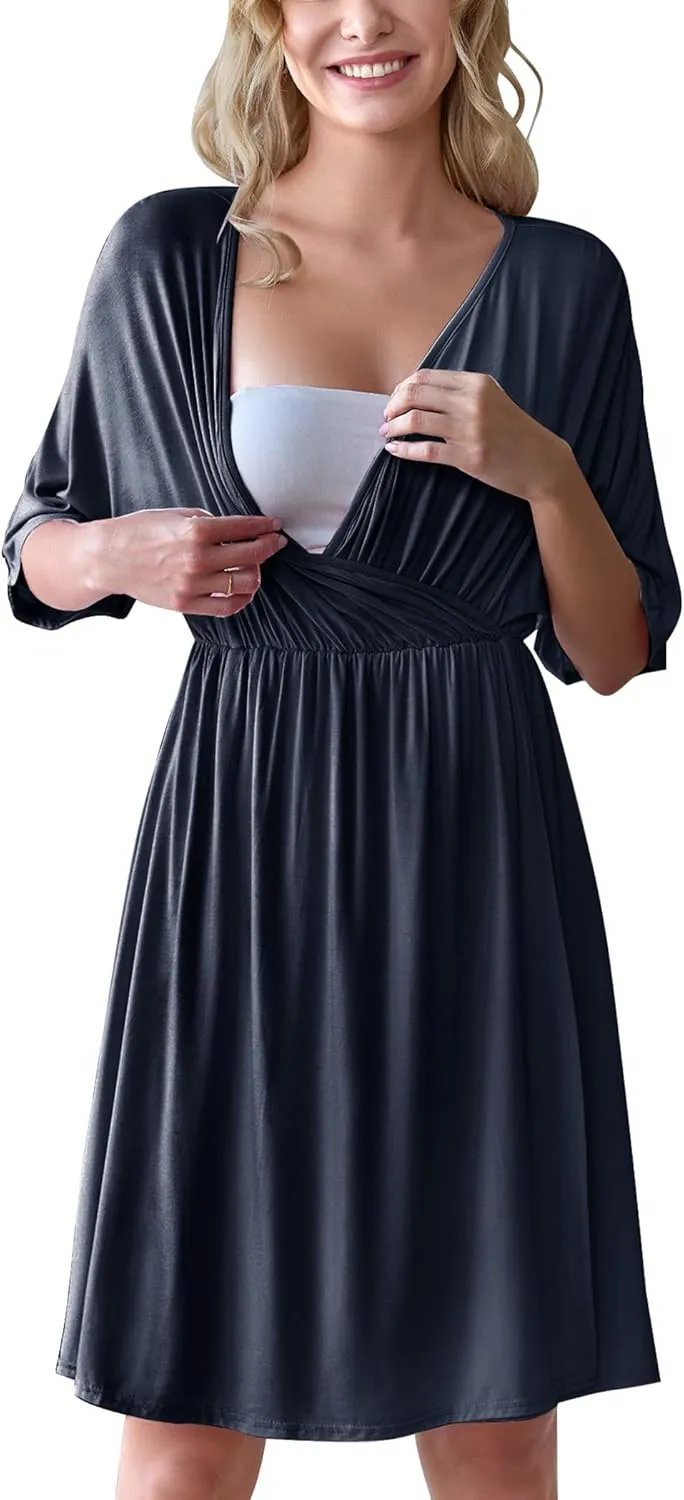 Ekouaer 3 in 1 Labor/Delivery/Hospital Gown Maternity Dress Nursing Nightgown Sleepwear for Breastfeeding