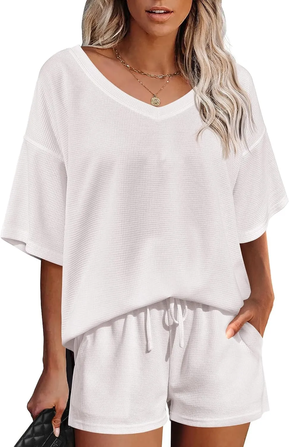 Ekouaer Womens 2 Piece Short Sleeve Waffle Knit V Neck Off Shoulder Casual Loose Fit Sweatsuit Outfits