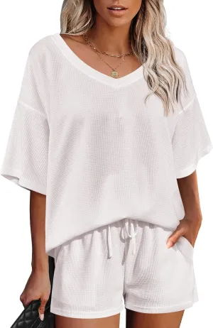 Ekouaer Womens 2 Piece Short Sleeve Waffle Knit V Neck Off Shoulder Casual Loose Fit Sweatsuit Outfits