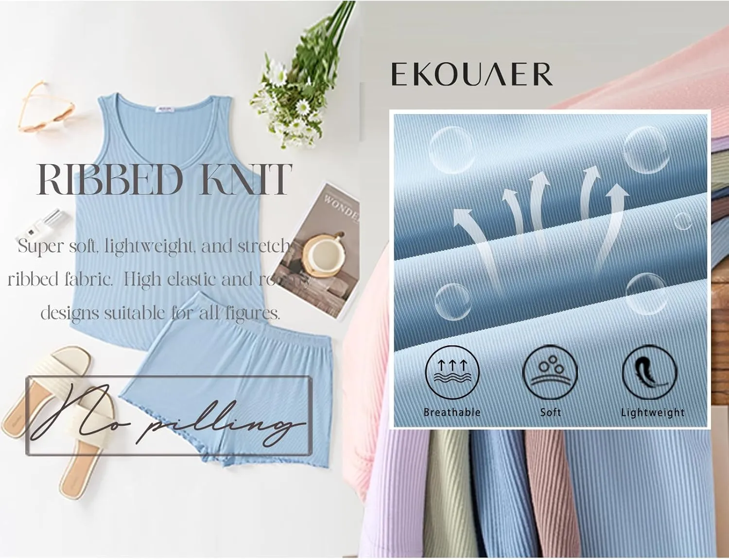 Ekouaer Womens Pajamas Set Ribbed Knit Soft Pj Sets Tank Top and Shorts Sleepwear Loungewear Ruffle Hem Nightwear