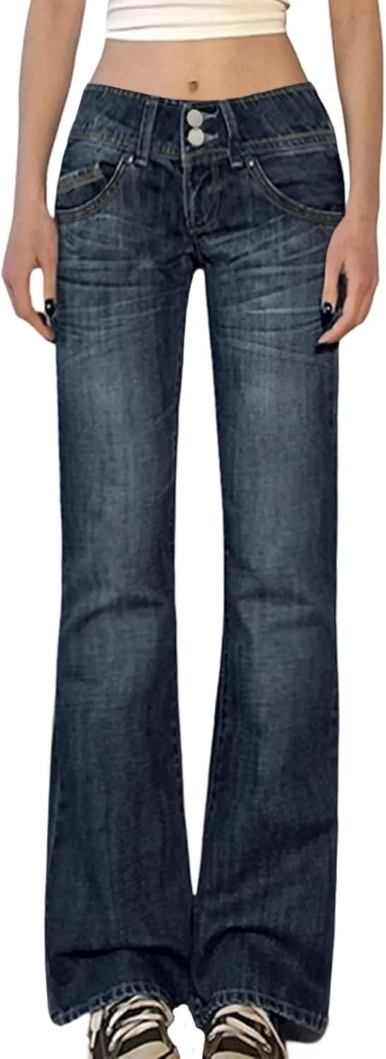 EMMIOL Women's Mid-High Rise Flared Bell Bottom Stretch Jeans Boyfriends Jeans Y2K 90s Denim Pants