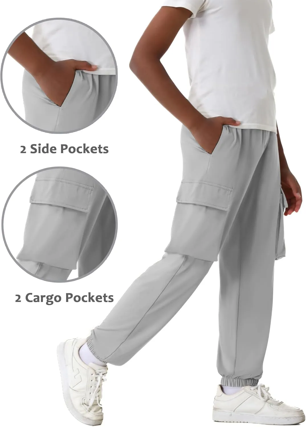 EXARUS 3 Pack Boys Cargo Joggers Lightweight Drawstring Quick Dry Athletic Hiking 6-14Y
