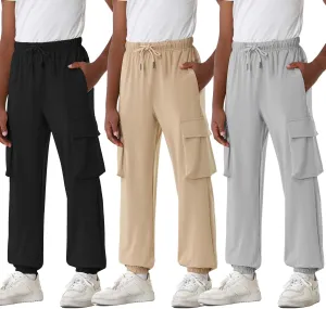 EXARUS 3 Pack Boys Cargo Joggers Lightweight Drawstring Quick Dry Athletic Hiking 6-14Y