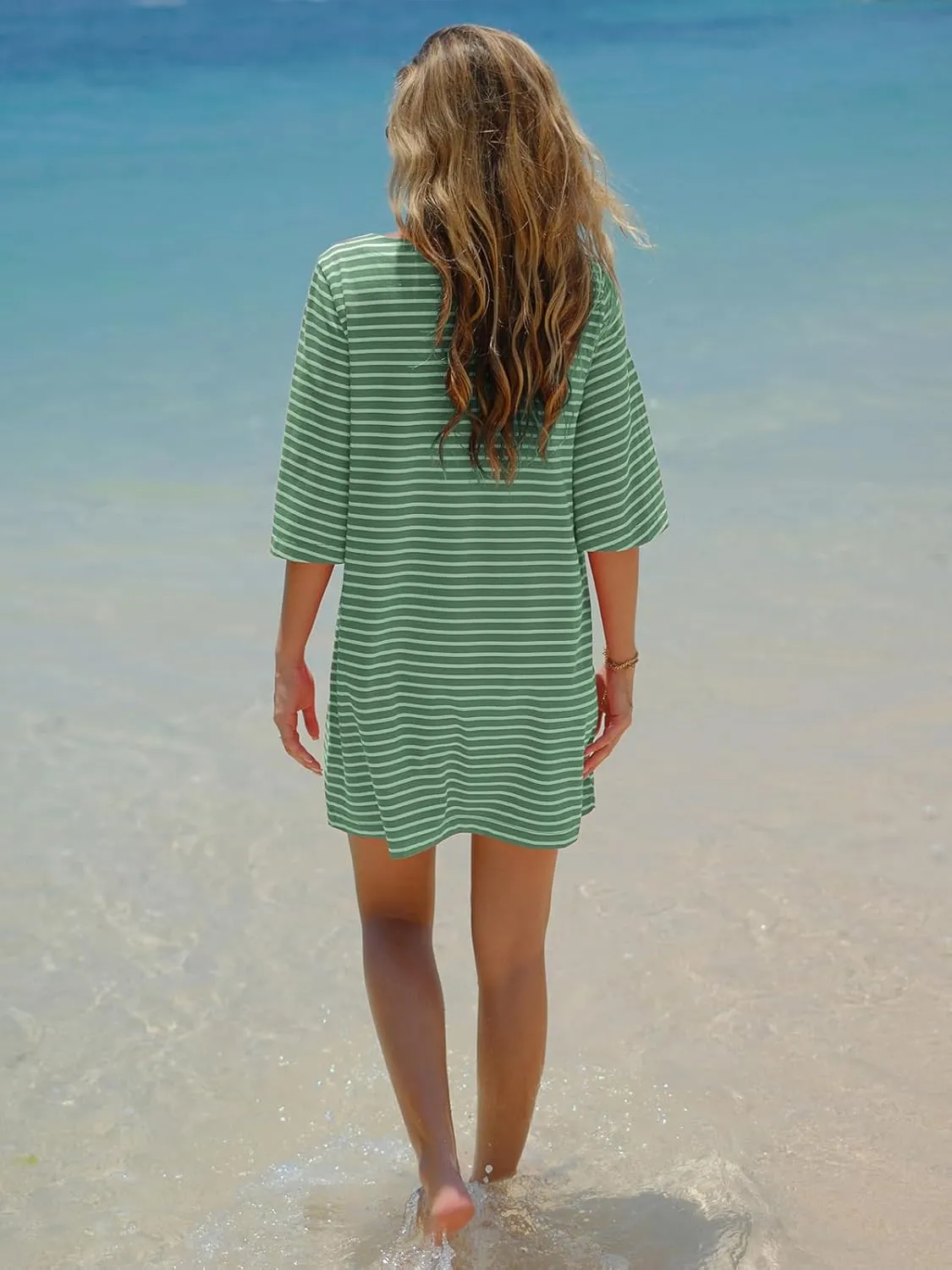 EXLURA Women's Summer T Shirt Dress Casual Short Sleeve Loose Striped Mini Dresses 2025 Vacation Beach Sundress Pockets