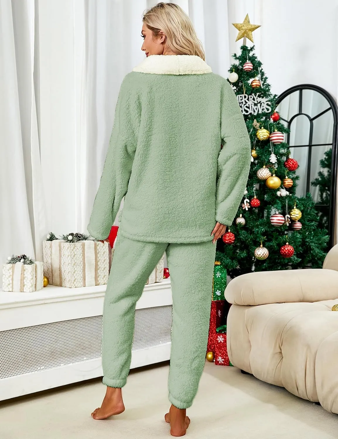 Faleave Womens Winter Fluffy Pajamas Set Warm Fleece Pants Pullover Plush Sleepwear