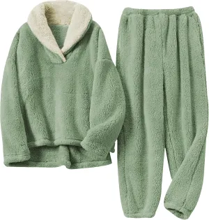 Faleave Womens Winter Fluffy Pajamas Set Warm Fleece Pants Pullover Plush Sleepwear