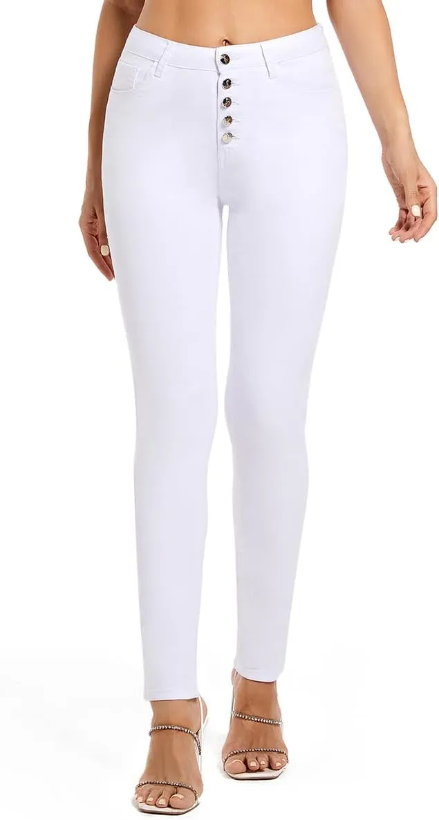 FISCLOSIN Womens High Waist Stretch Jeans 5 Button Push Up Butt Lifting Skinny Colombian Jeans
