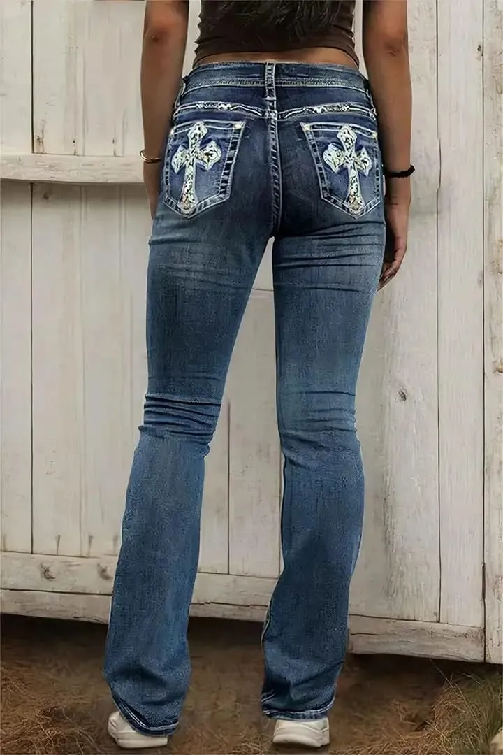 Flamingals Bootcut Jeans for Women Mid Rise High Stretch Curvy Skinny Jeans Trendy Casual Embroidery Denim Jeans