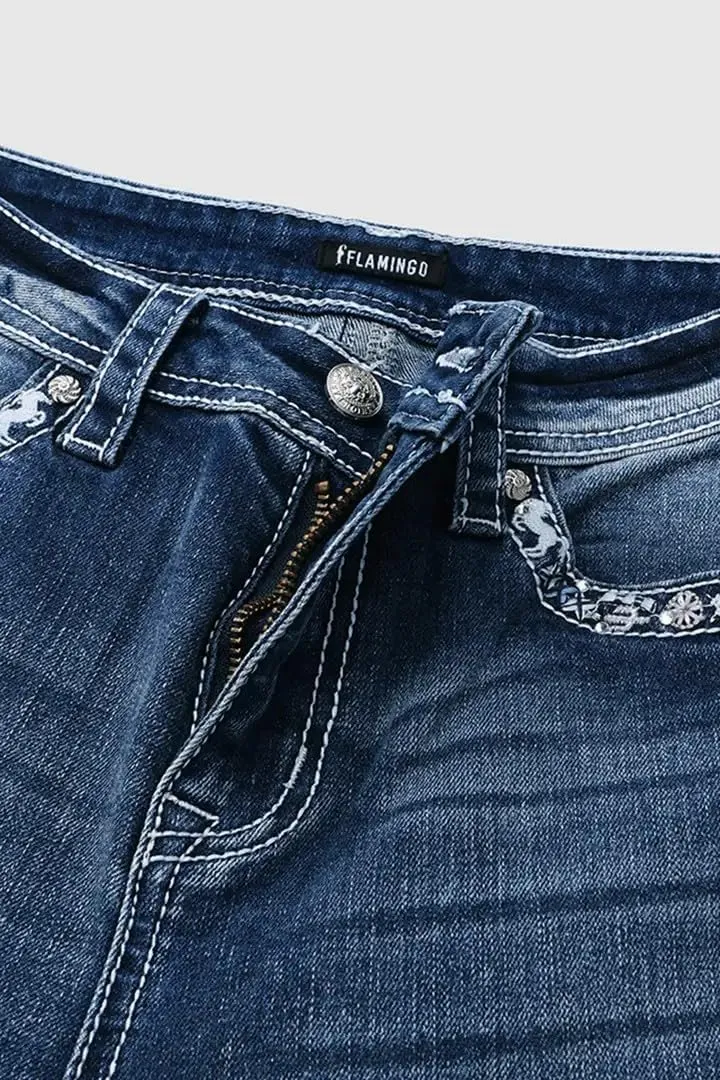 Flamingals Bootcut Jeans for Women Mid Rise High Stretch Curvy Skinny Jeans Trendy Casual Embroidery Denim Jeans