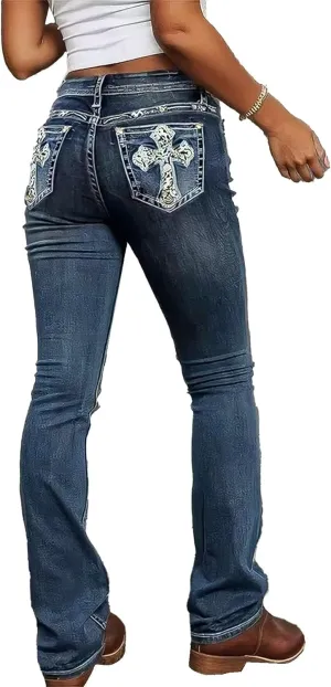 Flamingals Bootcut Jeans for Women Mid Rise High Stretch Curvy Skinny Jeans Trendy Casual Embroidery Denim Jeans