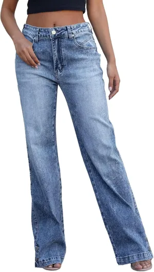 Flamingals Straight Leg High Waist Casual Flared Jeans for Women Wash Decorative Button Jeans