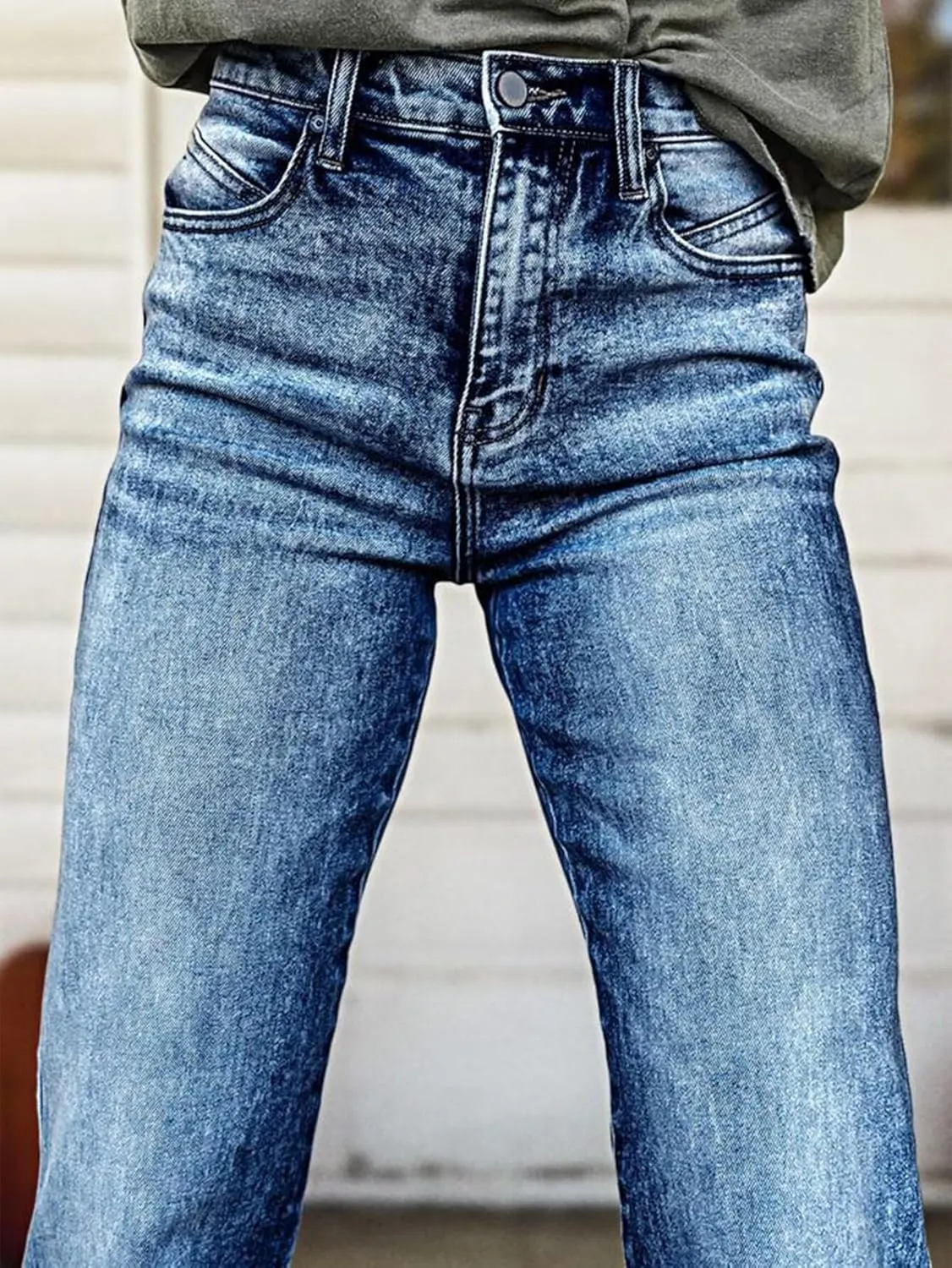 Flamingals Straight Leg High Waist Casual Flared Jeans for Women Wash Decorative Button Jeans