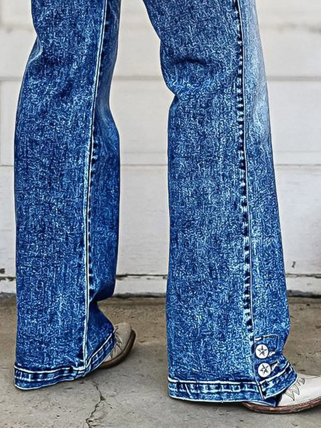 Flamingals Straight Leg High Waist Casual Flared Jeans for Women Wash Decorative Button Jeans