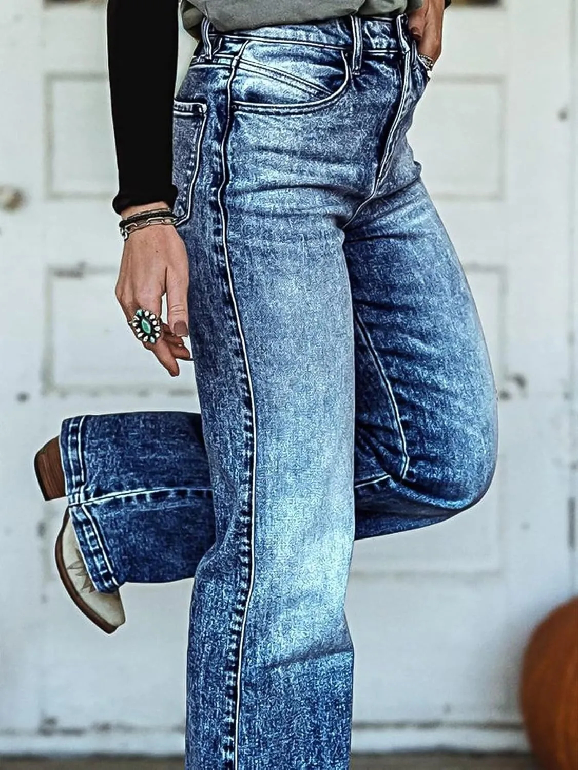 Flamingals Straight Leg High Waist Casual Flared Jeans for Women Wash Decorative Button Jeans