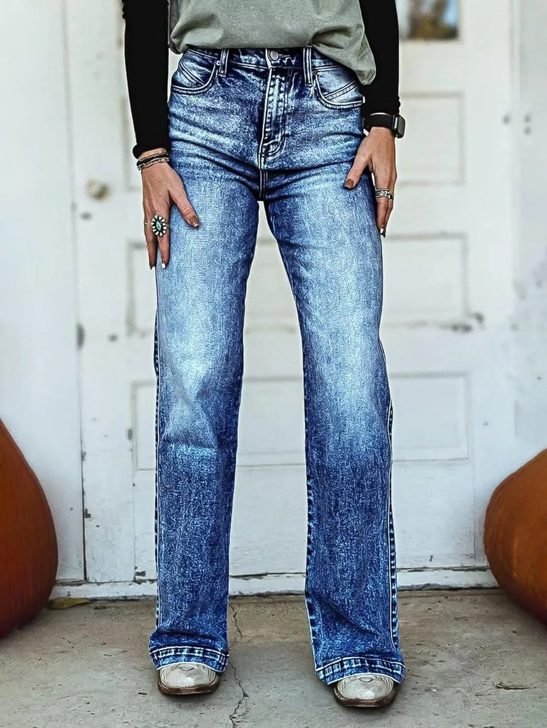 Flamingals Straight Leg High Waist Casual Flared Jeans for Women Wash Decorative Button Jeans