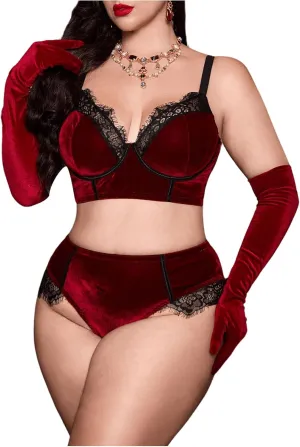 Floerns Women's Plus Size Velvet Lace Trim Bra and Panty Matching 2 Piece Lingerie Set