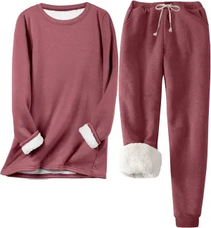 Flygo Women Winter Warm Loungewear Set Sherpa Lined Crewneck Sweatshirt and Jogger Pants Fleece Sweatsuit