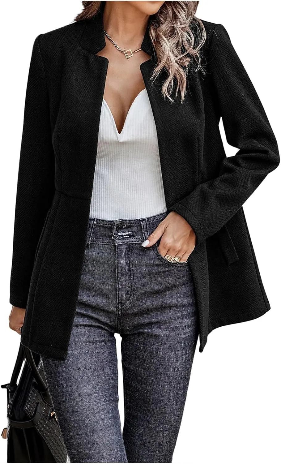 FMCHICO Women's Casual Business Open Front Long Sleeve Notch Lapel Office Blazer Jacket