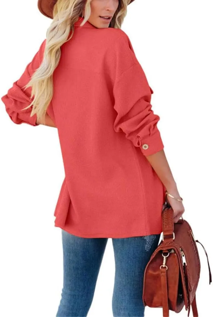 FMCHICO Womens Lapel Collar Long Shirts Casual Button Down Oversized Shacket Coat