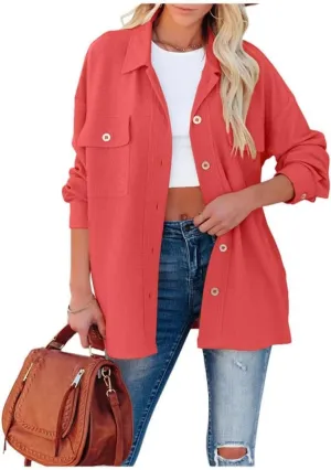 FMCHICO Womens Lapel Collar Long Shirts Casual Button Down Oversized Shacket Coat