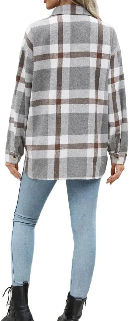 FMCHICO Women's Long Sleeve Button Down Jackets Plaid Flannel Shirts Tops Casual Oversized Shackets Blouses