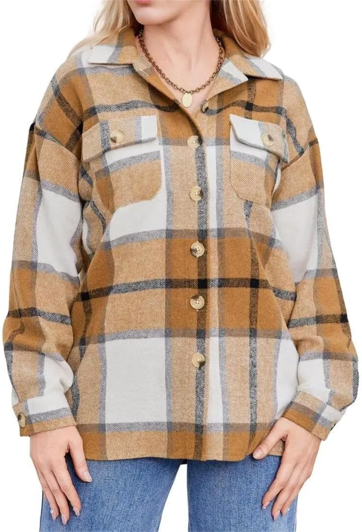 FMCHICO Women's Long Sleeve Button Down Jackets Plaid Flannel Shirts Tops Casual Oversized Shackets Blouses