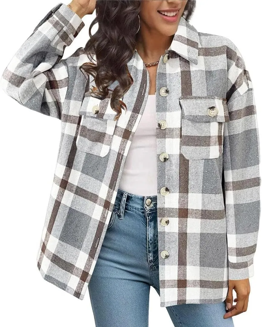 FMCHICO Women's Long Sleeve Button Down Jackets Plaid Flannel Shirts Tops Casual Oversized Shackets Blouses