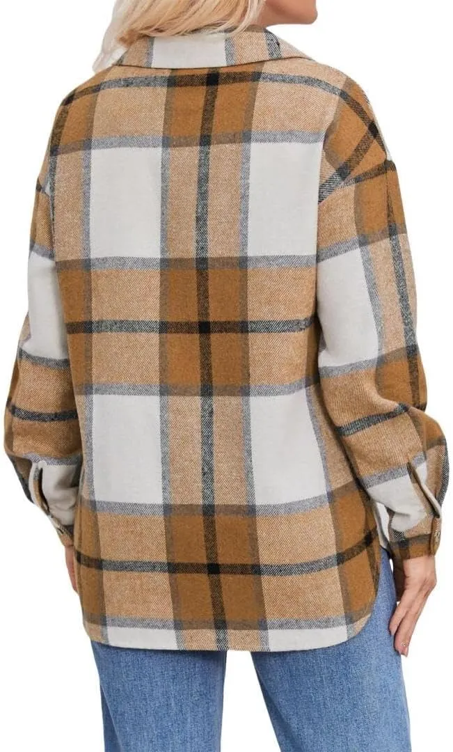 FMCHICO Women's Long Sleeve Button Down Jackets Plaid Flannel Shirts Tops Casual Oversized Shackets Blouses