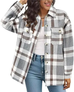 FMCHICO Women's Long Sleeve Button Down Jackets Plaid Flannel Shirts Tops Casual Oversized Shackets Blouses