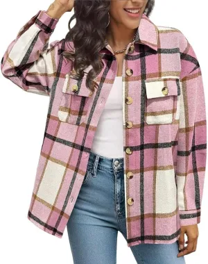 FMCHICO Women's Long Sleeve Button Down Jackets Plaid Flannel Shirts Tops Casual Oversized Shackets Blouses