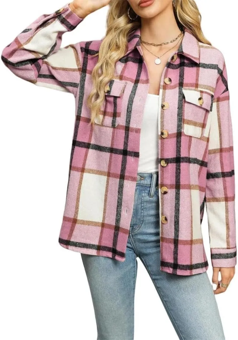 FMCHICO Women's Long Sleeve Button Down Jackets Plaid Flannel Shirts Tops Casual Oversized Shackets Blouses