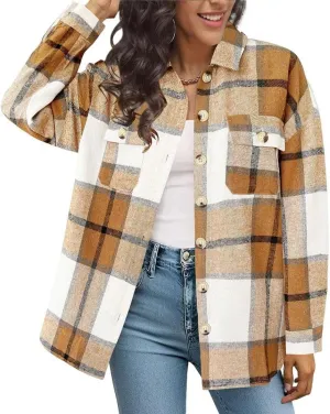 FMCHICO Women's Long Sleeve Button Down Jackets Plaid Flannel Shirts Tops Casual Oversized Shackets Blouses