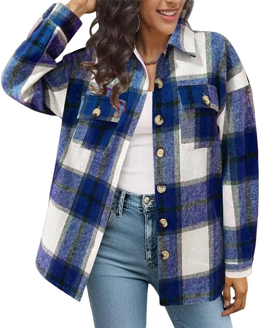 FMCHICO Women's Long Sleeve Button Down Jackets Plaid Flannel Shirts Tops Casual Oversized Shackets Blouses