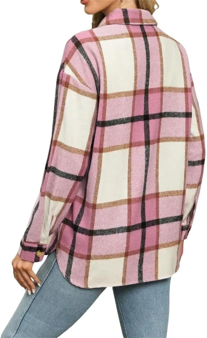 FMCHICO Women's Long Sleeve Button Down Jackets Plaid Flannel Shirts Tops Casual Oversized Shackets Blouses