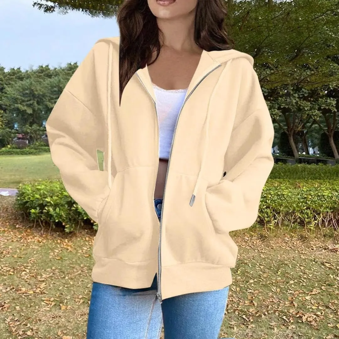 FMCHICO Women's Oversized Hoodies for Women Full Zip Up Long Sleeve Sweatshirts Drawstring Jackets Coat with Pockets