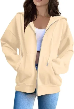FMCHICO Women's Oversized Hoodies for Women Full Zip Up Long Sleeve Sweatshirts Drawstring Jackets Coat with Pockets