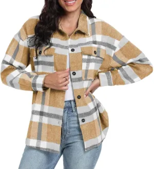 FMCHICO Women's Plaid Shirts Long Sleeve Flannel Lapel Button Down Cardigan Boyfriend Shacket Jacket Coats