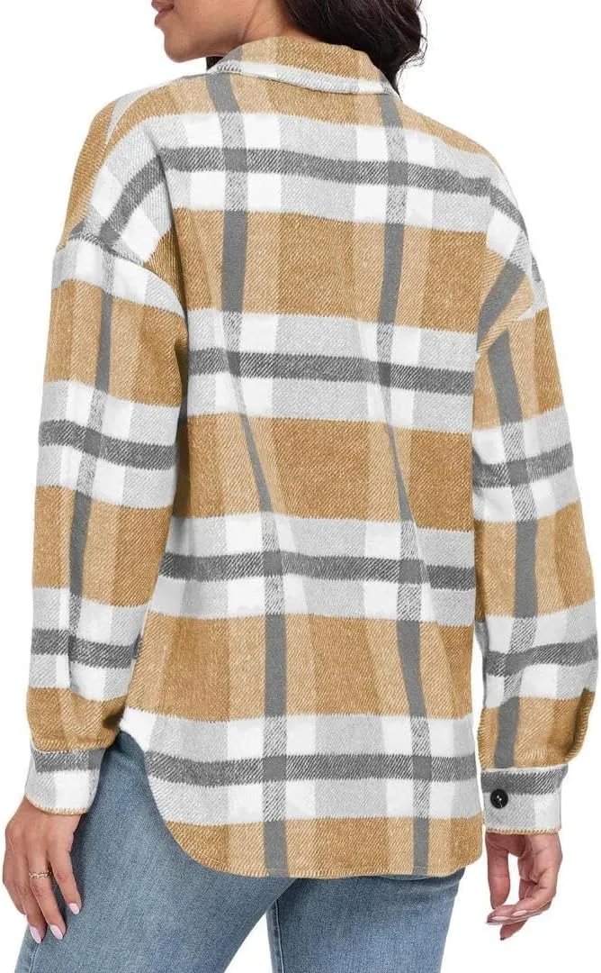 FMCHICO Women's Plaid Shirts Long Sleeve Flannel Lapel Button Down Cardigan Boyfriend Shacket Jacket Coats