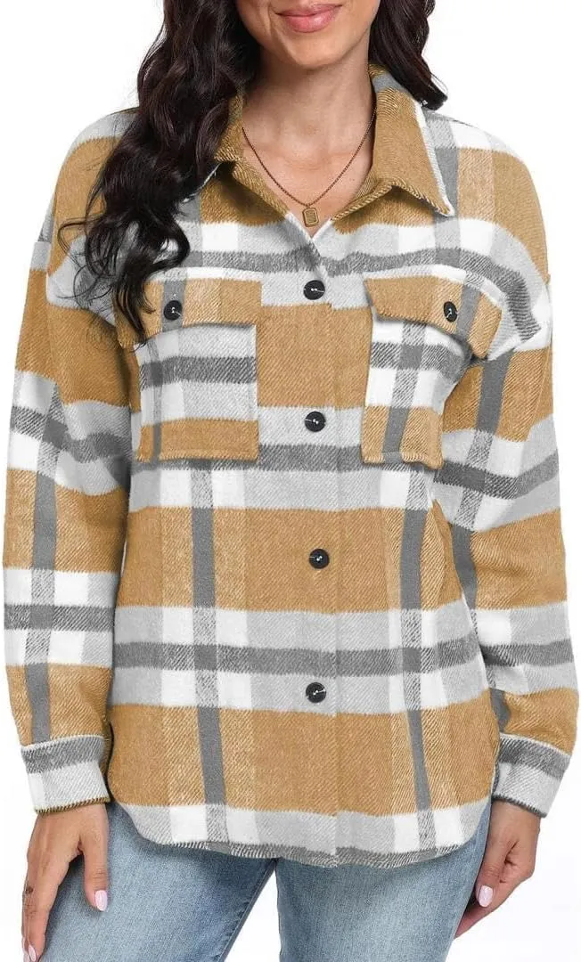 FMCHICO Women's Plaid Shirts Long Sleeve Flannel Lapel Button Down Cardigan Boyfriend Shacket Jacket Coats