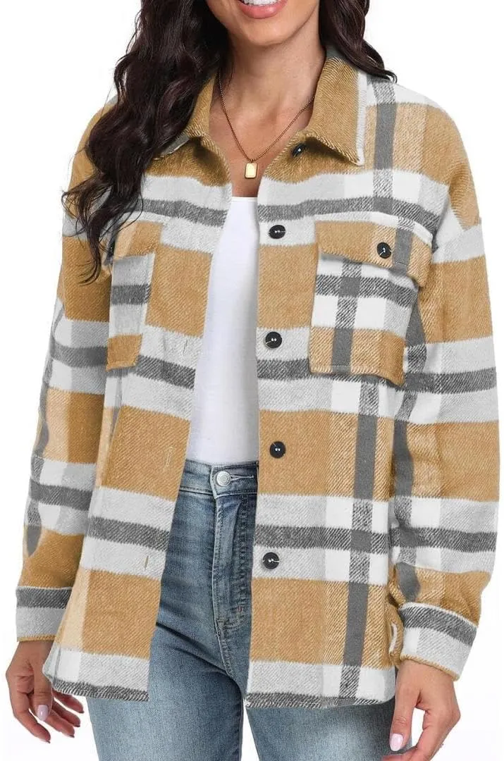 FMCHICO Women's Plaid Shirts Long Sleeve Flannel Lapel Button Down Cardigan Boyfriend Shacket Jacket Coats