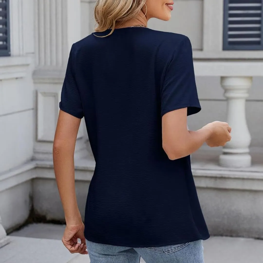 FMCHICO Womens Summer Tops Short Sleeve V Neck Wrap Chiffon Blouses