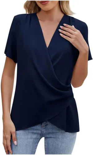 FMCHICO Womens Summer Tops Short Sleeve V Neck Wrap Chiffon Blouses